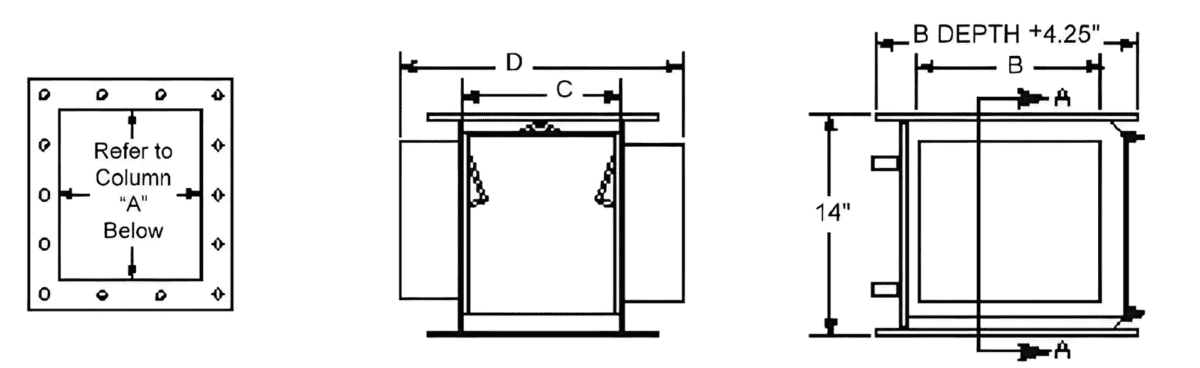 Specification drawing of the Chute Magnetic Separator flow opening dimensions, weight, and associated flow rate.